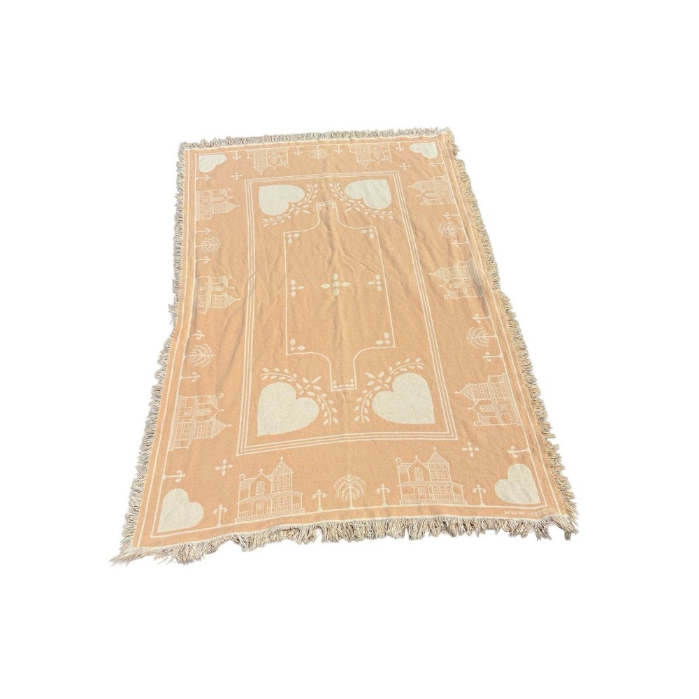 Vintage‎ 1990 Tapestry Throw Cottagecore Peach Cream Houses Hearts Granny Mom